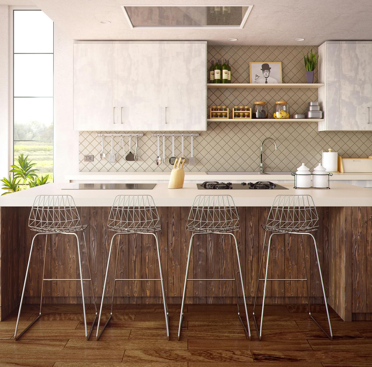 who-we-are Chic minimalist kitchen design featuring wooden accents and modern bar stools.
